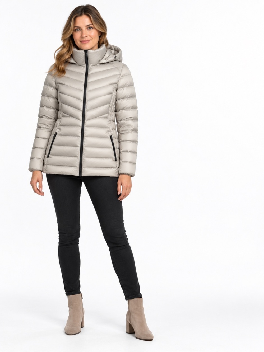 32 Degrees Heat Hooded Puffer Jacket Light Gray Women’s Small